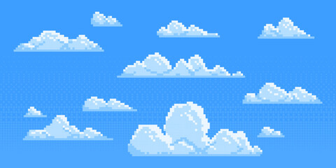 Pixel clouds set for game background - fluffy cumulus cloudscape in 8 bit style. Cartoon sky elements, retro gaming sprites, pixelated aerial landscape assets. Decorative nostalgic pixelart designs.