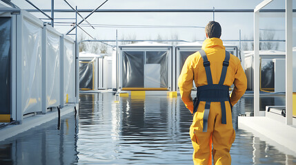 Worker in protective suit stands on a reflective platform near modular units