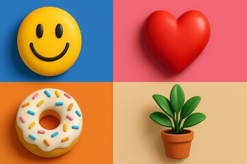 Cheerful and Vibrant Pop - inspired Background. This image features a collection of playful 3D objects&mdash;a smiley face, a heart, a donut with sprinkles