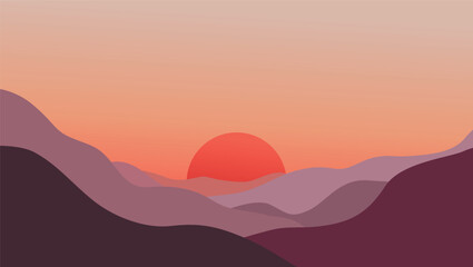 Fototapeta premium Serene Sunset Landscape Minimalist Mountain Range Illustration