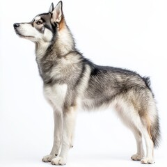 Obraz premium Elegant Siberian Husky puppy standing in profile with attentive expression on a clean white background showcasing detailed fur and alert posture