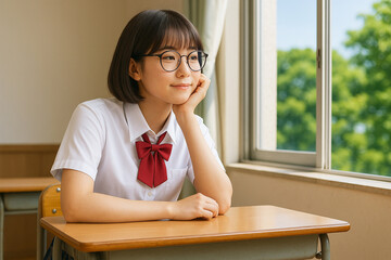 教室で窓の外を見つめる女子学生（夏服）