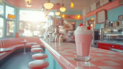 Pink raspberry milkshake sitting on counter in 1950s soda shop