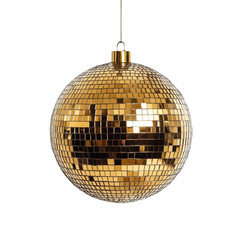Obraz premium A large golden disco ball hangs from above reflecting light