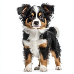 Adorable small Australian Shepherd puppy with black white and tan fur standing on white background looking curious and alert with floppy ears and expressive eyes