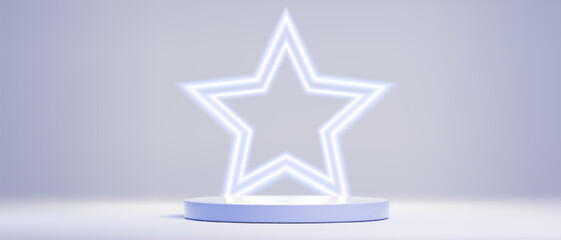 Obraz premium Neon star sign on pedestal - glowing white outline of five pointed star shape on round platform in blank studio background. 3d minimalist geometric light podium decoration, stage design element.