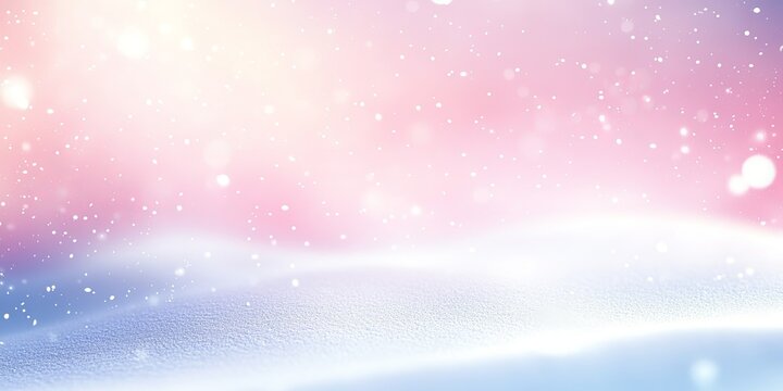 Light, soft abstract background with pastel pink, blue, and white hues, featuring bokeh and snow-like particles with copy space