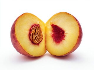 Ripe peach cut in half showing pit and juicy flesh on white background
