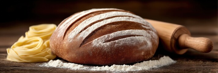 Artisan bread loaf surrounded by fresh pasta and flour on rustic wooden surface highlighting culinary craftsmanship and inviting a sense of gastronomic delight for baking enthusiasts