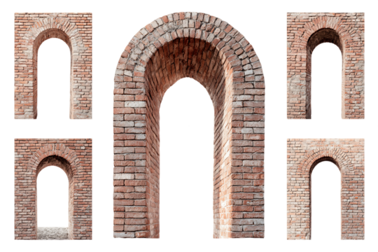 Six Red Brick Arches Architectural Collection Isolated on Transparent Background, PNG