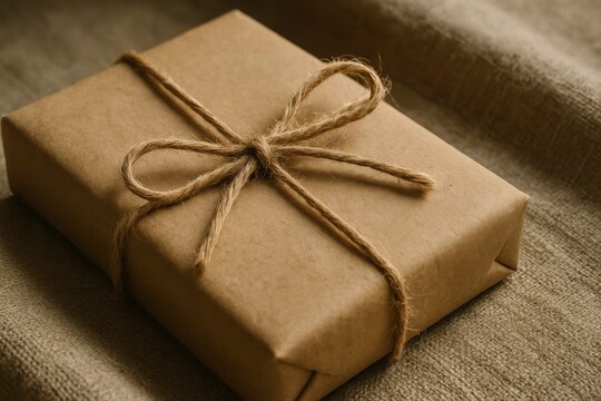 A brown paper package tied up with string on a textured background