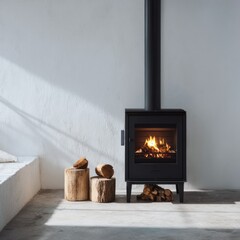 Modern minimalist wood-burning stove with a sleek black finish, situated in a bright, airy room with sunlit walls and wooden stumps