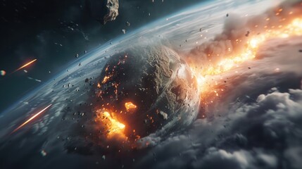 Comet, asteroid, meteorite fall to earth against the background of the starry sky. Astronomy.