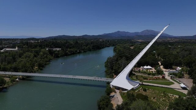 Aerial 4K Drone Video of People Walking Across the Sundial Bridge in Redding, California
