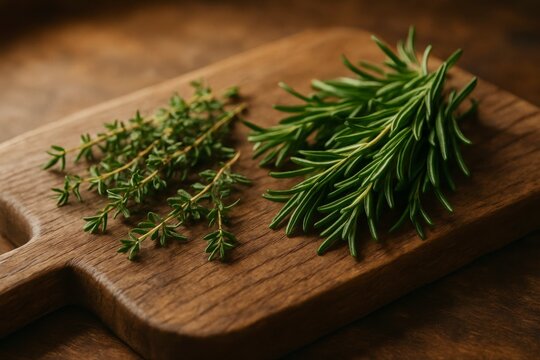 Fresh thyme and rosemary sprigs on a wooden cutting board surface