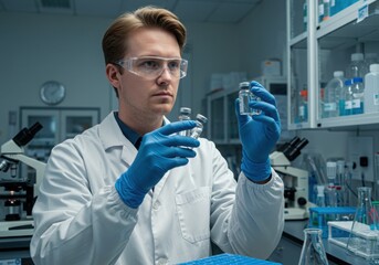 Fototapeta premium Scientist examining vials in laboratory setting