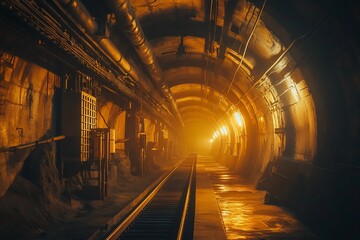 Obraz premium Illuminated railway tunnel with metallic pipes and tracks vanishing into distance