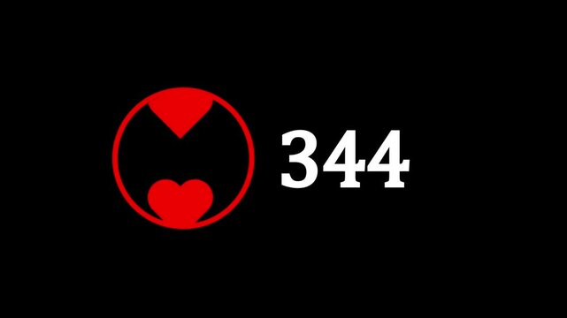 Animated love icon with an increasing number counter showing growing likes or hearts in a smooth social media animation. Watch a love heart icon display rising numbers representing new likes.