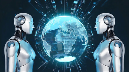 Two robots with a hologram futuristic global world ball with a lot of light and energy, Artificial intelligence development for future
