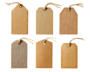 Six Rustic Cardboard Gift Tags with Jute Twine on Transparent Background, PNG