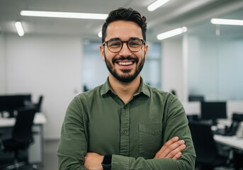 Obraz premium Smiling man with glasses in an office environment