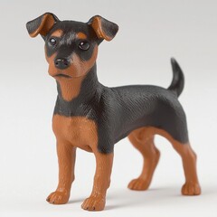Realistic Doberman Pinscher sculpture figurine standing on a neutral background, detailed miniature dog model showcasing alertness and muscular build