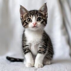 Adorable and curious young tabby kitten with distinctive striped fur and bright wide eyes sitting on soft fabric background for pet, animal, and domestic cat imagery
