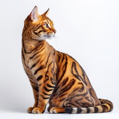 Beautiful Bengal cat with striking orange and black striped fur sitting calmly against a plain white background captu its elegant posture and detailed markings