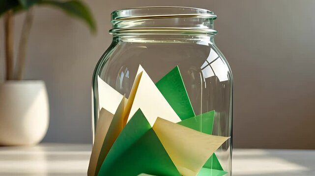 Glass jar filled with folded green, yellow, and white paper slips on a sunlit table with soft shadows and blurred plant in background

