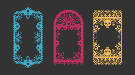 Mexican papel picado frame border set - blue rectangular cutout with flowers and leaves, pink arch design with sunburst motif, yellow rectangle with skull patterns for dia de muertos celebrations.