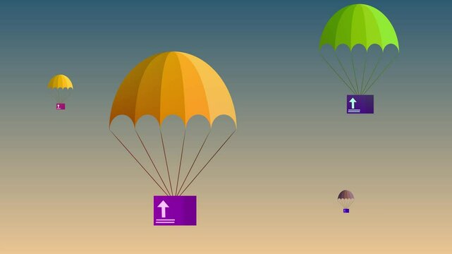 Parcel delivery animation featuring a box attached to a parachute ideal for postal logistics and shipping promotions. Engaging animation of a postal package with parachute in the air.