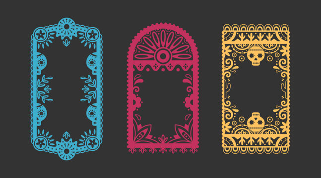 Mexican papel picado frame border set - blue rectangular cutout with flowers and leaves, pink arch design with sunburst motif, yellow rectangle with skull patterns for dia de muertos celebrations.