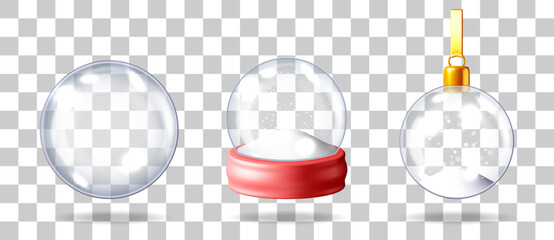 Set of realistic 3d snow globes. Glass sphere with snow and a transparent christmas tree ornament. Winter holiday season and New Year decoration concept.