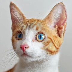 Close-up portrait of an adorable orange and white domestic cat with piercing blue eyes looking attentively towards the camera against a neutral background