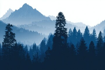 Serene, hazy mountain range silhouetted against a bright sky, with a dense forest of evergreen trees in the foreground, rendered in shades of blue