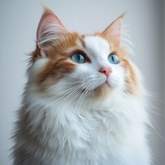 Close-up photo of a beautiful long-haired domestic cat with striking blue eyes and orange and white fur looking away in soft natural light indoors