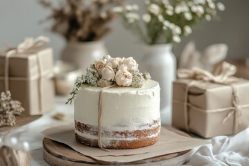 A minimalist birthday party with monochrome decorations, a single-layer cake adorned with edible flowers, and gifts wrapped in plain kraft paper with twine,