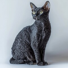 Elegant black domestic cat with curly textured fur, vivid yellow eyes, sitting poised against a plain light background, showcasing sleek feline beauty and alertness