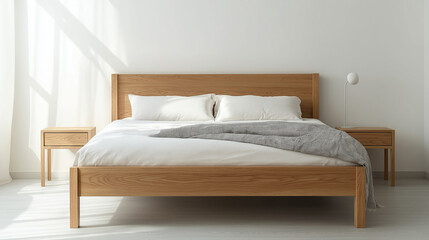 Comfortable big wooden framed bed with linen pillows minimal design