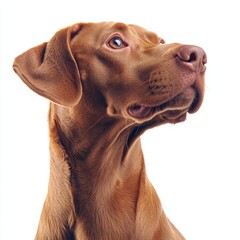 Close-up of a brown dog with a short coat and expressive blue eyes looking to the side against a white background, showcasing a well-groomed pet portrait