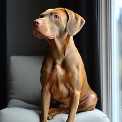 Young Labrador Retriever puppy sitting on a white cushion indoors near a window with black curtains and soft natural light illuminating its face and body