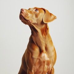 Adorable brown puppy dog looking upwards with curious expression on plain white background, showcasing playful and loyal canine companion in a studio setting