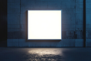 Illuminated square sign on a dark urban wall at night
