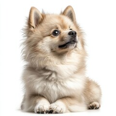 Cute fluffy puppy with alert eyes and soft fur looking to the side isolated on white background, adorable small dog in a resting pose with detailed fur texture and expressive face