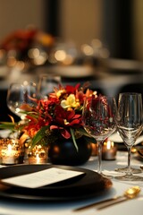 A modern holiday dinner with sleek black tableware, gold accents, and elegant centerpiece designs incorporating candles and modern floral arrangements,