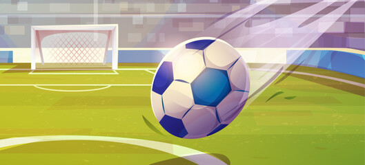 Obraz premium Cartoon soccer stadium scene with flying ball in motion blur, green field pitch, white goal net, bright sunlight streaming through stands for football sports game animation background illustration.