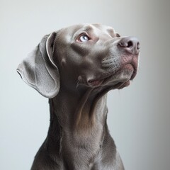 Close-up of a Weimaraner puppy with striking blue eyes and short gray coat, looking upward thoughtfully, against a plain light gray background, detailed pet image