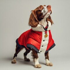 Adorable brown and white dog wea a stylish red winter jacket with a beige collar and gold badge, looking attentively upward against a plain light background