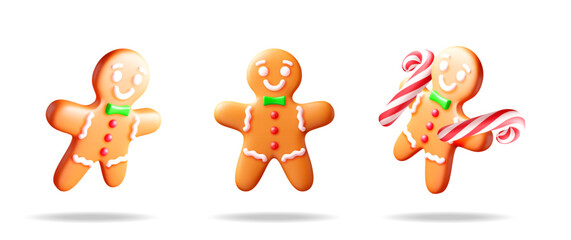 Three orange gingerbread man cookies with white frosting and green bow ties, one holding candy cane. Christmas holiday and winter season dessert.