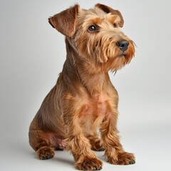 Adorable small brown dog with a scruffy appearance and expressive eyes sitting on a neutral background, showcasing cute and friendly pet portrait